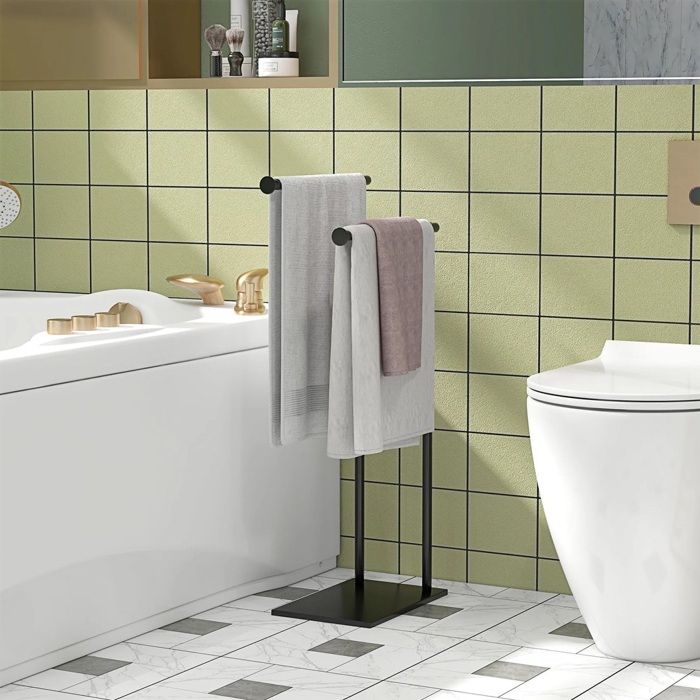 HOMCOM Wolnostojący wieszak na ręczniki z 2 drążkami, czarny, 35,5x20x78 cm | Aosom PL