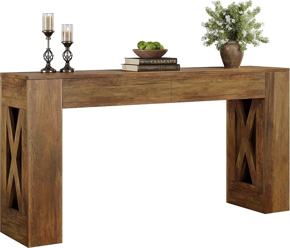 Stół konsolowy o długości 160 cm, stół do przedpokoju w stylu rustykalnym z 2 szufladami i nogami w kształcie litery X