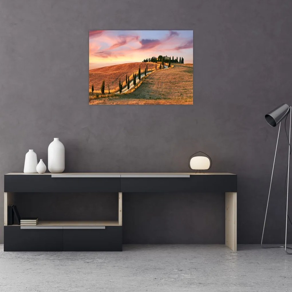 Obraz na szkle - Dom na wzgórzu, Toskania, Włochy (70x50 cm)