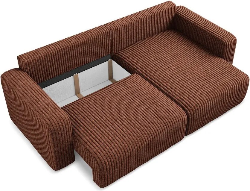 Sztruksowy rozkładany narożnik ze schowkiem (prawostronny/z szezlongiem) w kolorze terakoty Kona – Makamii