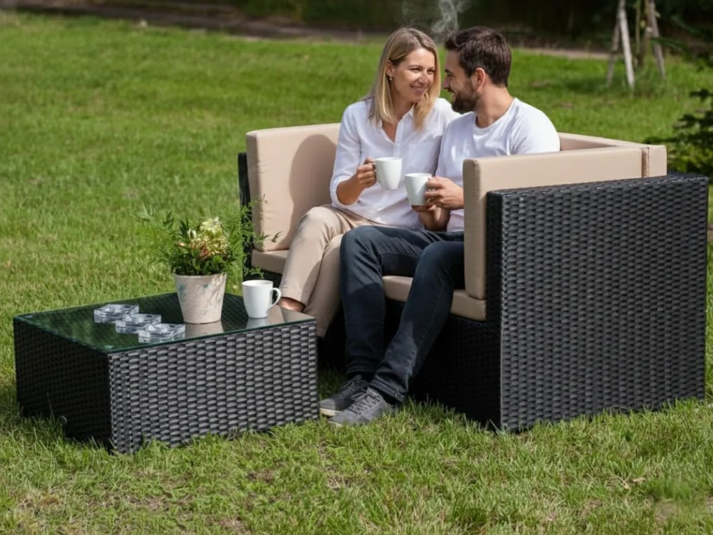 Sofa dwuosobowa ze stolikiem z technorattanu TINTO czarny