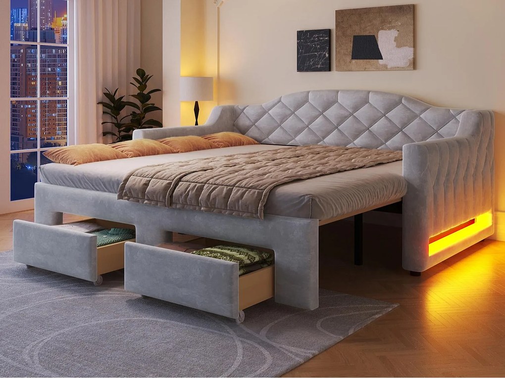 Tapicerowana sofa z łóżkiem 90x200cm - Rozszerzalna do 180x200cm - Łóżko chowane - Z 2 szufladami i oświetleniem LED - Szary​ (bez materaca)