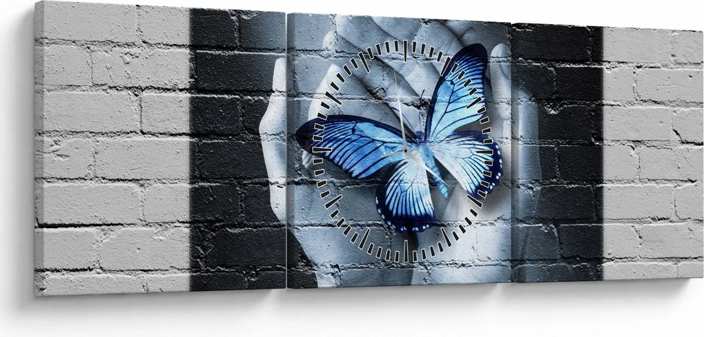 Obraz - Motyl na ścianie (z zegarem) (90x30 cm)
