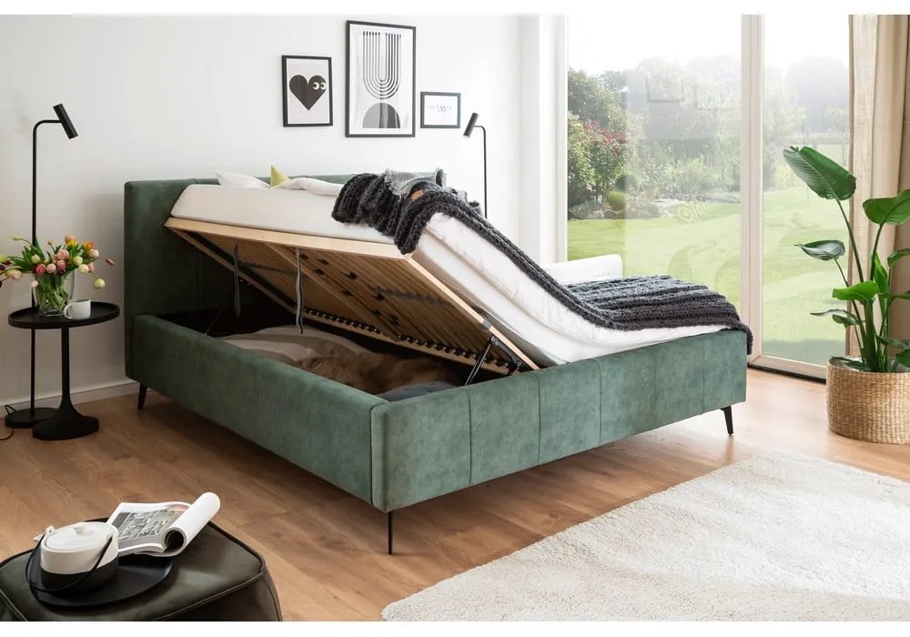 Zielone tapicerowane łóżko dwuosobowe ze schowkiem i stelażem 180x200 cm Lizzano – Meise Möbel