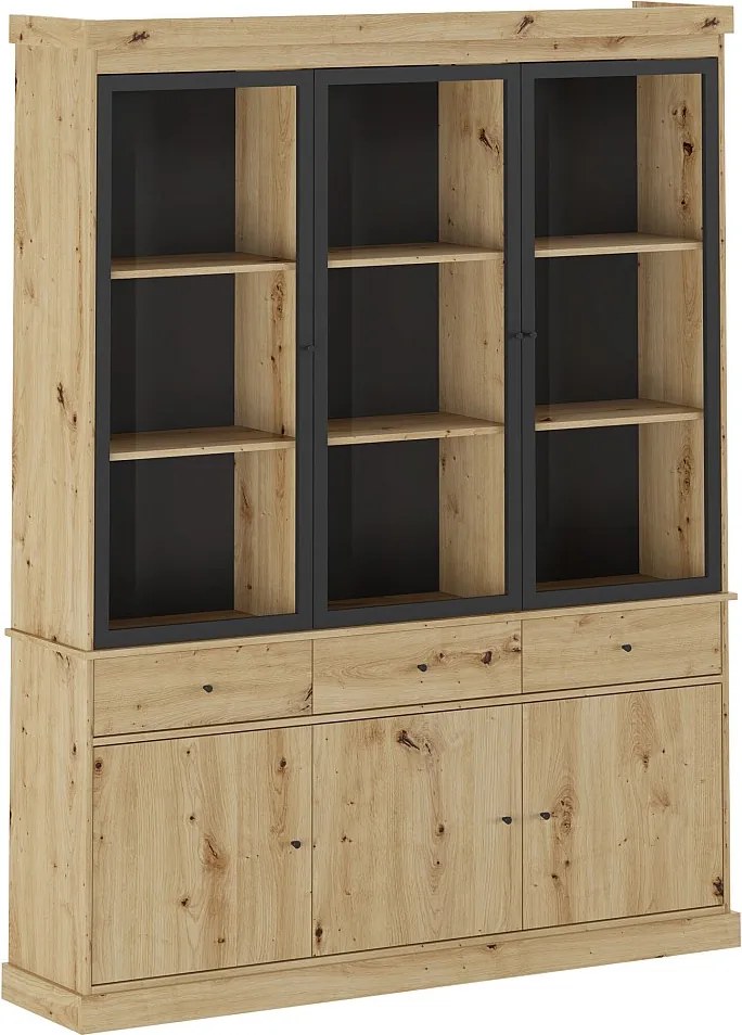 Witryna z szufladami i oświetleniem LED - Naturalny i czarny - MARSORIA