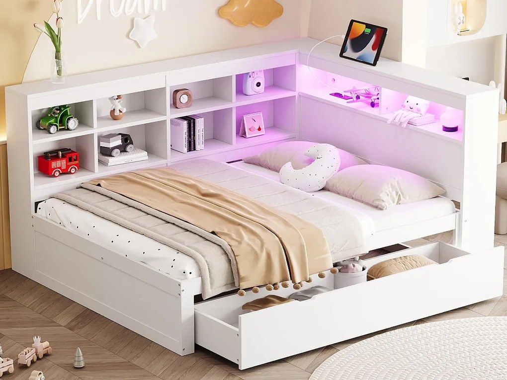 Łóżko z pojemnikiem na pościel z litego drewna 140x200 cm - z LED i gniazdami USB - Białe