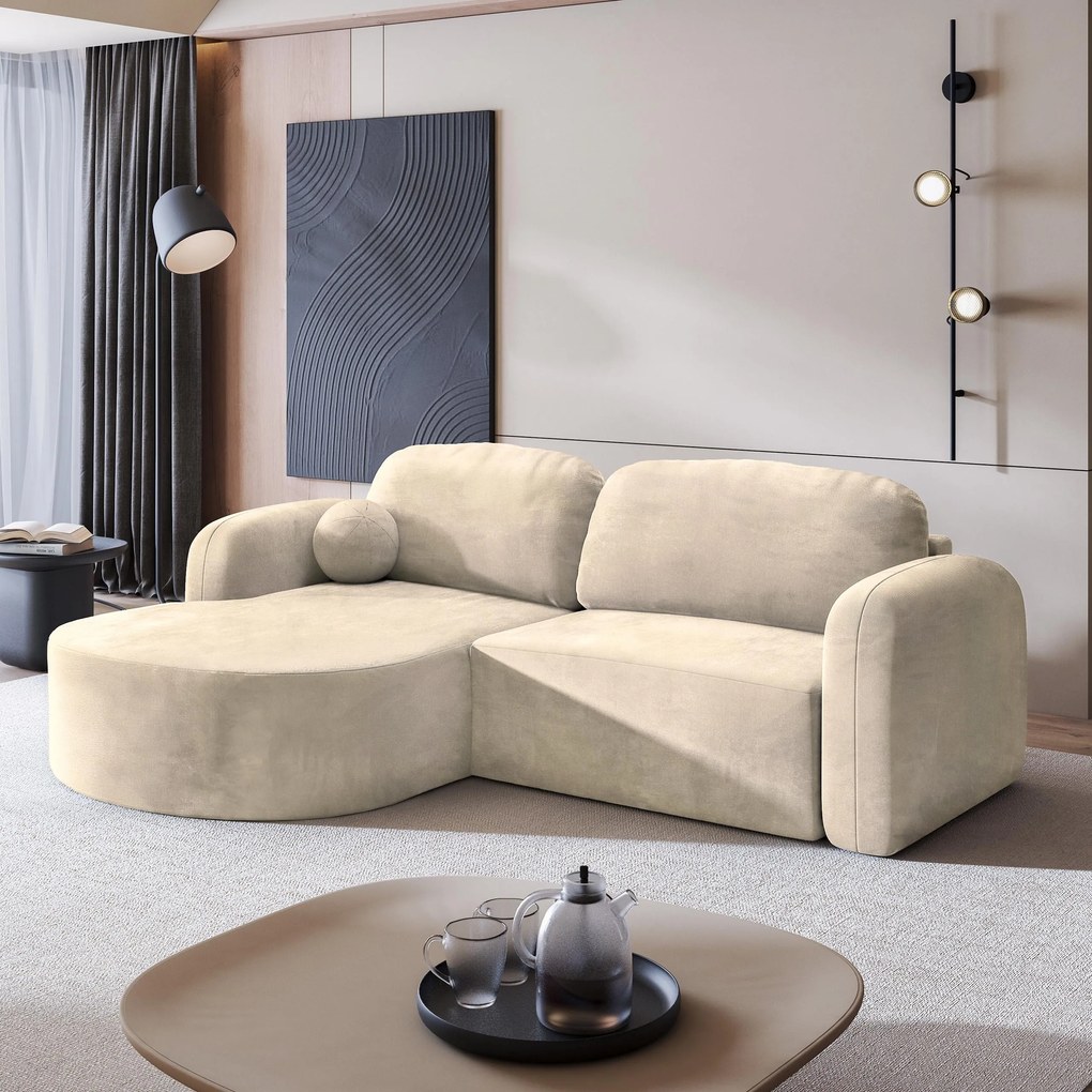 Masseno Narożnik AMILIA z funkcją spania i pojemnikiem na pościel Narozniki L, Rozkładana sofa - Kremowy, MONOLITH 04