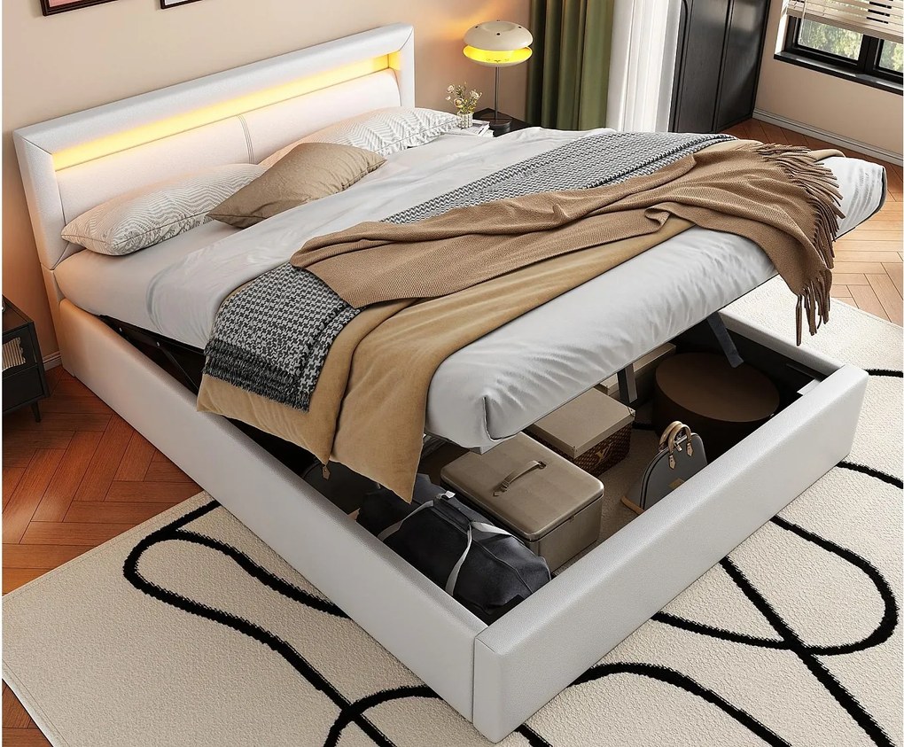 Łóżko ze schowkiem z diodą LED 140x200cm - z imitacji skóry - Białe