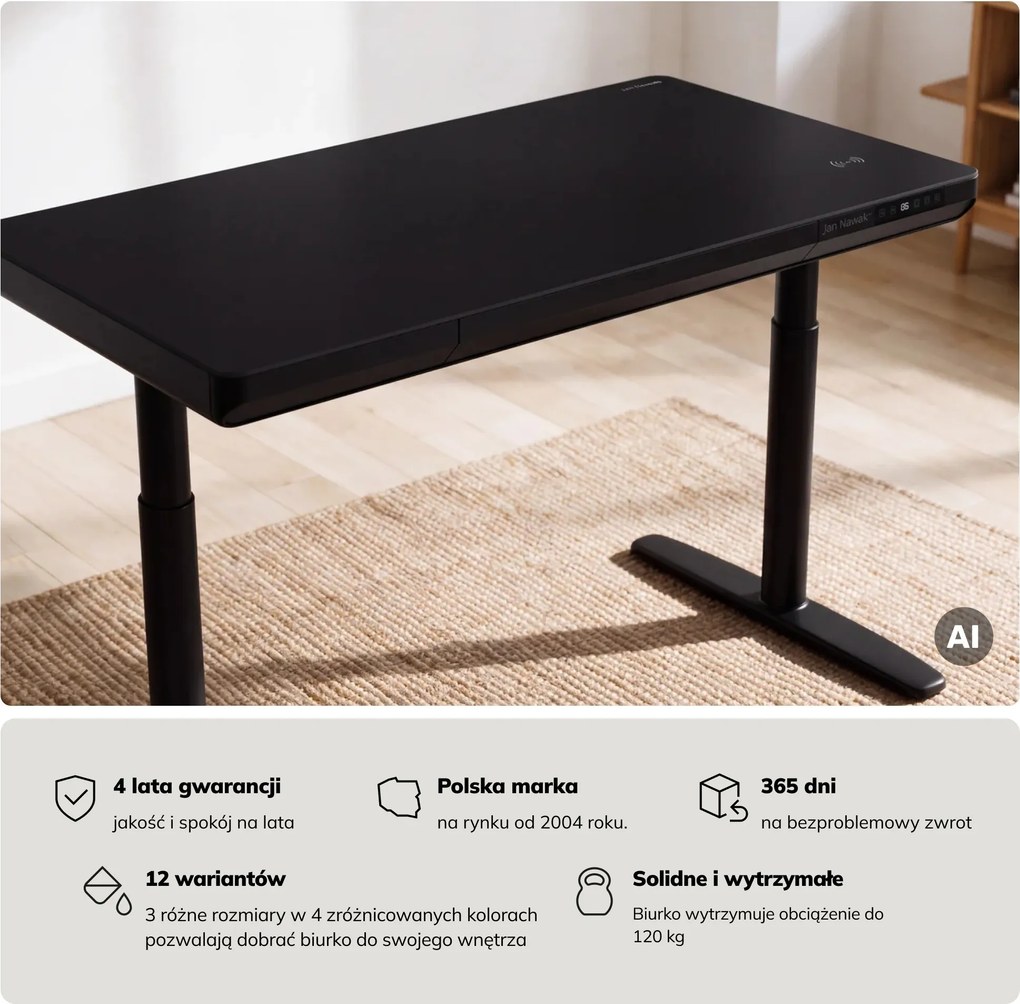 Biurko elektryczne sit-stand z szufladą i ładowarką bezprzewodową Qi czarne, 1200 mm: ELLIS