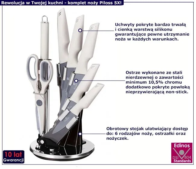 Zestaw stalowych noży z białym uchwytem - Piloss 5X