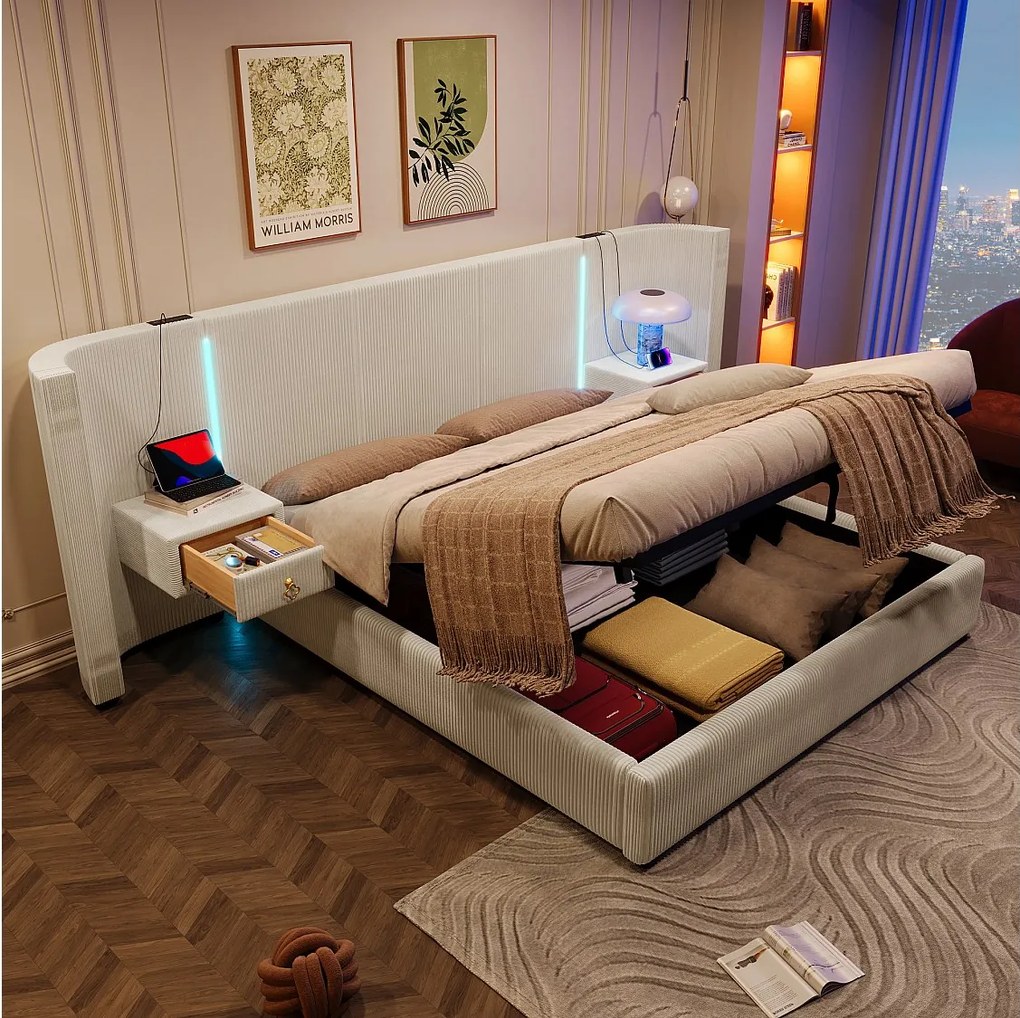 Łóżko tapicerowane ze schowkiem - 180 x 200 cm - z diodami LED + USB + TYPE-C + 2 szuflady - schowek hydrauliczny - aksamit - beż