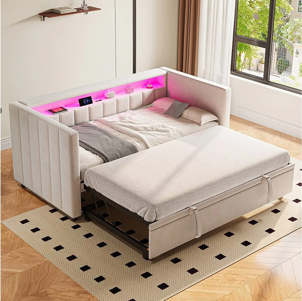 Łóżeczko dziecięce 90x190 cm - z USB typu C, LED - aksamit - beżowe - bez materaca