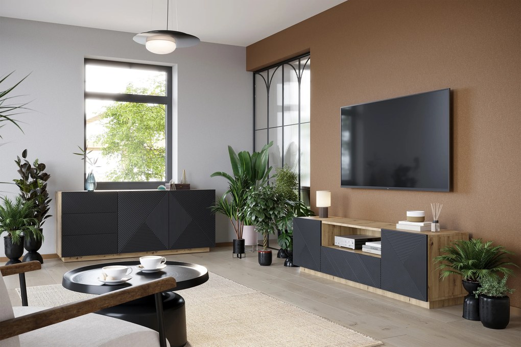 Komoda Asha 167 cm dwudrzwiowa z szufladami - artisan / rivier stone mat