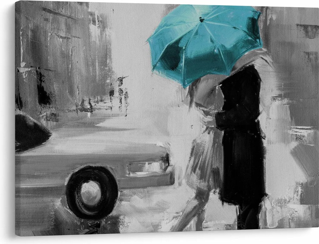 Obraz - Zakochana para z parasolem, niebieski (70x50 cm)