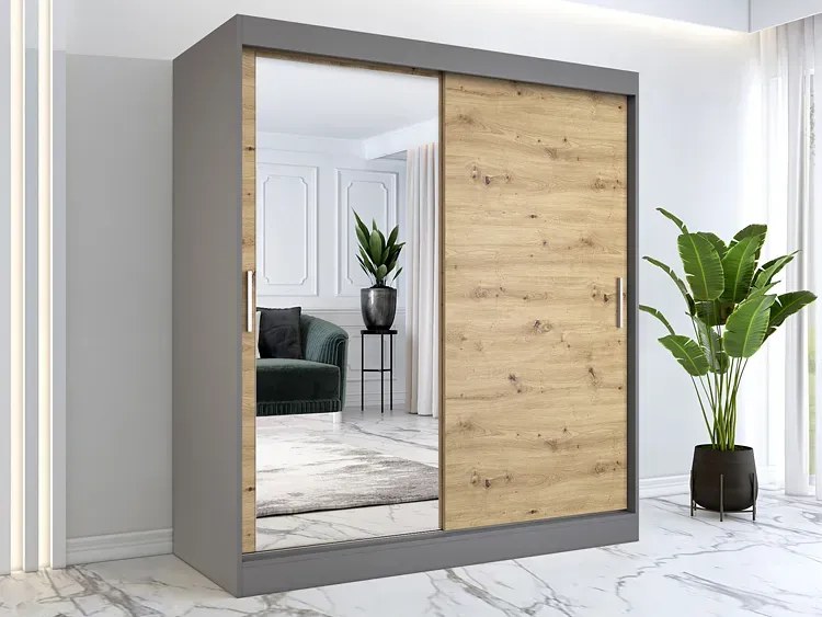 Szafa przesuwna antracyt + dąb artisan 180 cm - Seko 5X