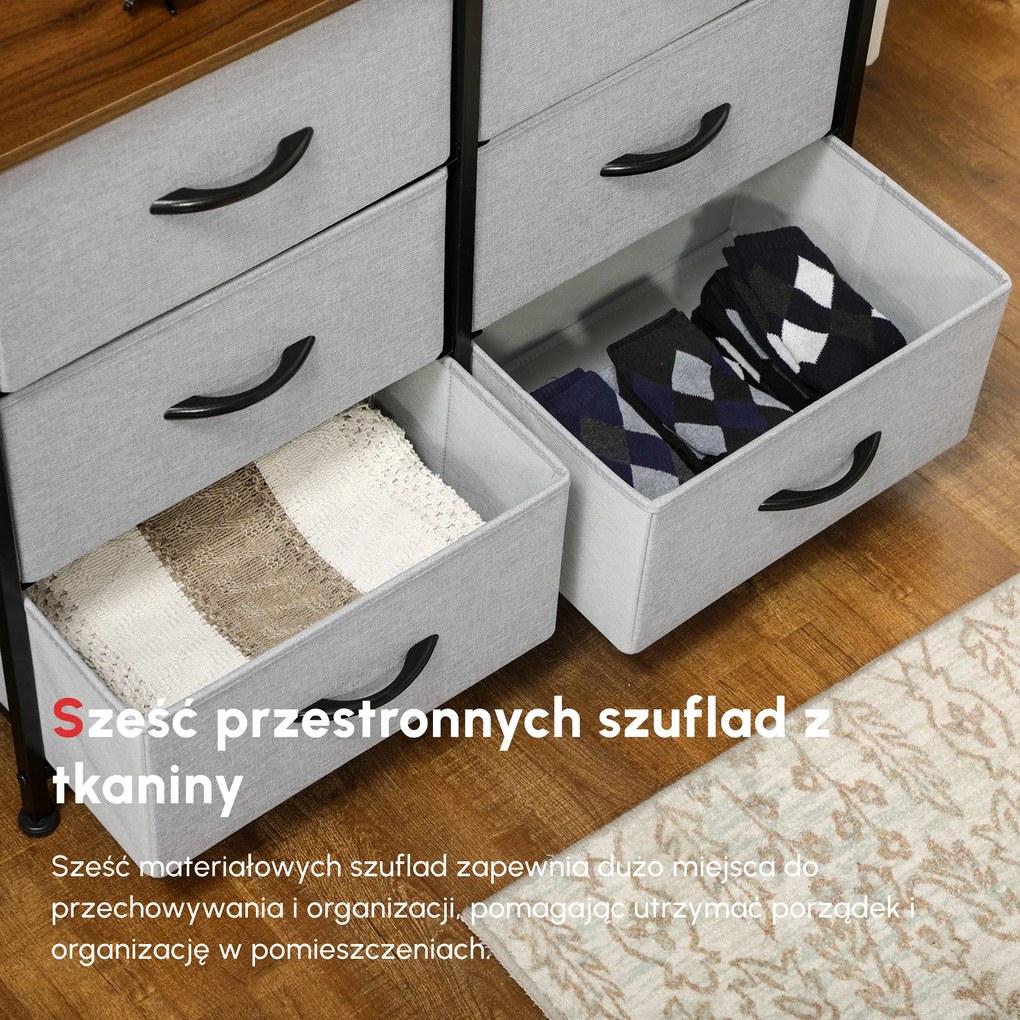 HOMCOM Komoda Sideboard, 6 Szuflad, Szuflady Materiałowe, 80 cm x 30 cm x 62,5 cm, Brąz + Czarny + Szary