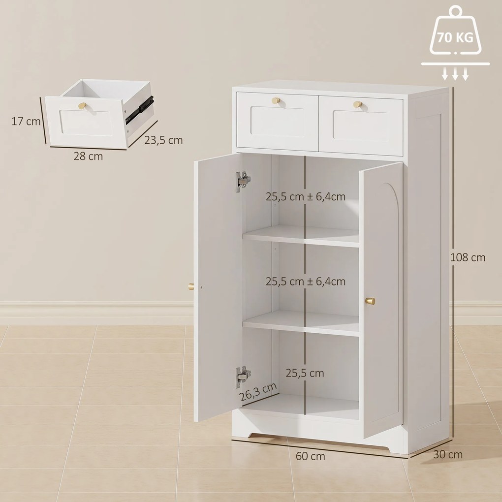 HOMCOM Szafka łazienkowa wąska z 2 szufladami, regulowaną półką 60 x 30 x 108 cm Biały | Aosom PL