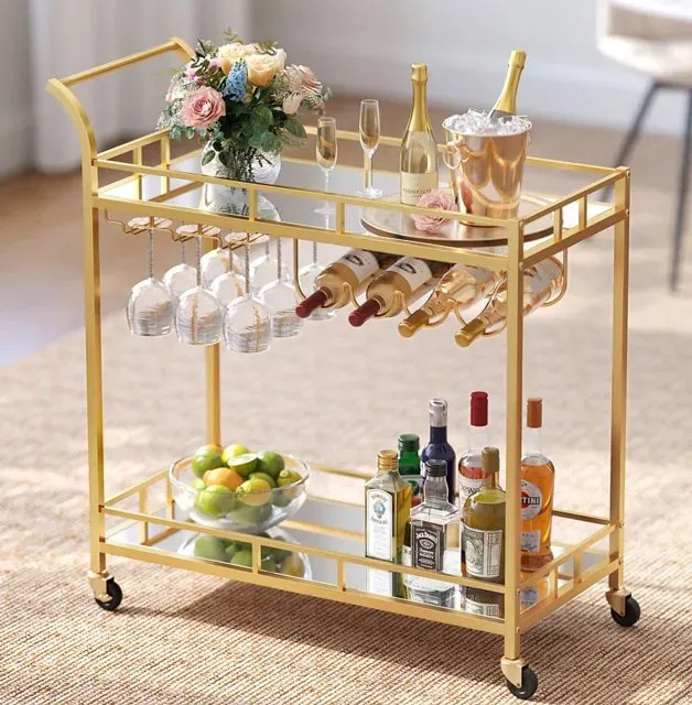 Złoty stolik barowy na kółkach z półką na wino P3-H11