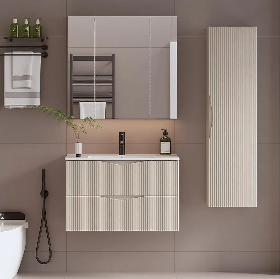 Zestaw do Łazienki 80cm Szafka z Umywalką Słupek Ryflowane Fronty Beż Piaskowy Cleo