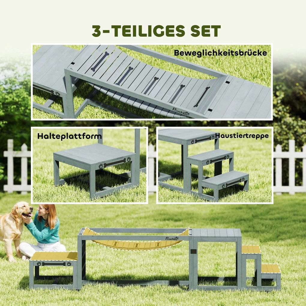 PawHut Zestaw agility dla psów 3-częściowy zestaw sprzętu agility z mostem, schodami, platformą, z drewna świerkowego, 117 x 50 x 56 cm, Szary | Aosom PL