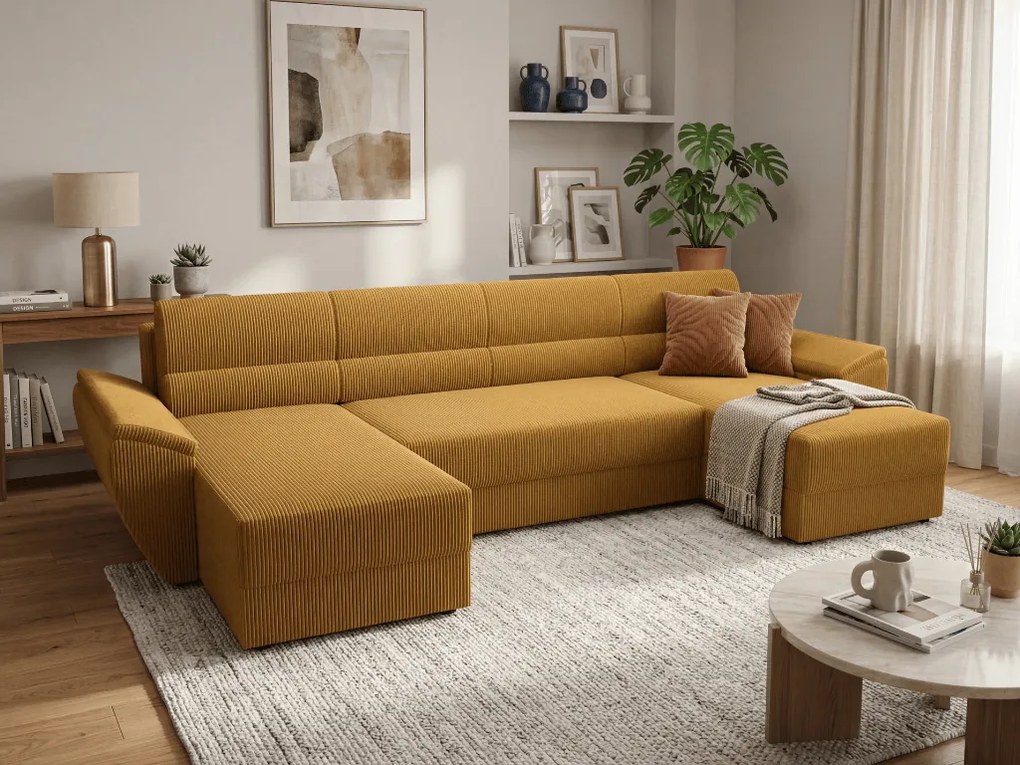 Rozkładana sofa narożna w kształcie U TAVERO 321x140 cm, musztardowa