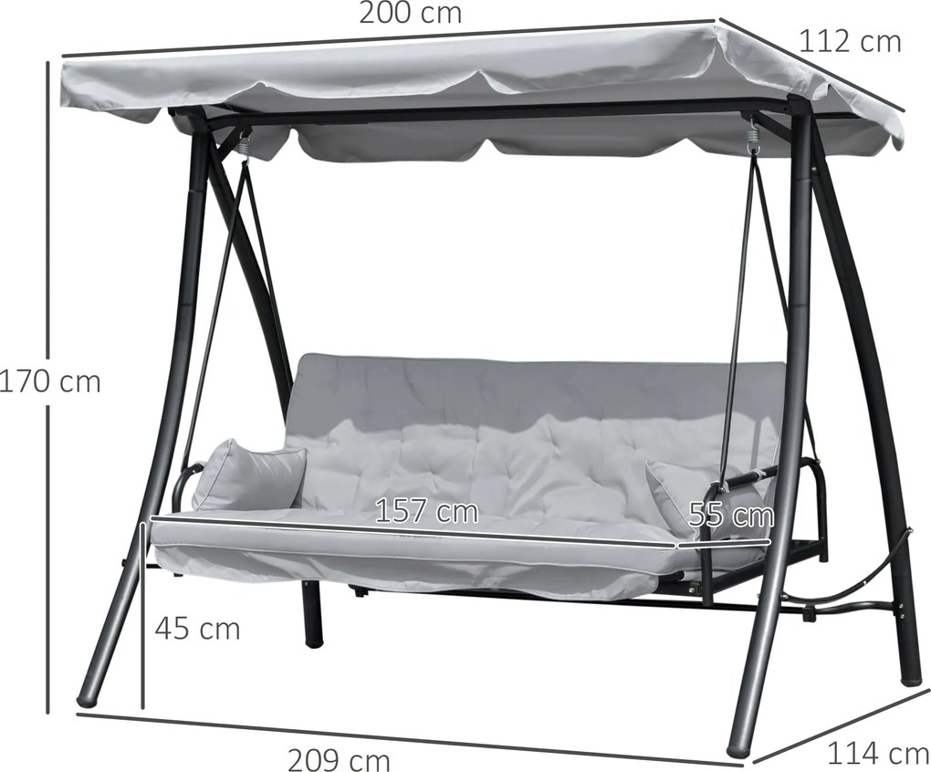 Outsunny huśtawka z dachem, huśtawka ogrodowa, Ławka bujana z funkcją leżenia, 3-osobowa, metal + poliester, biały, 209x114x170 cm