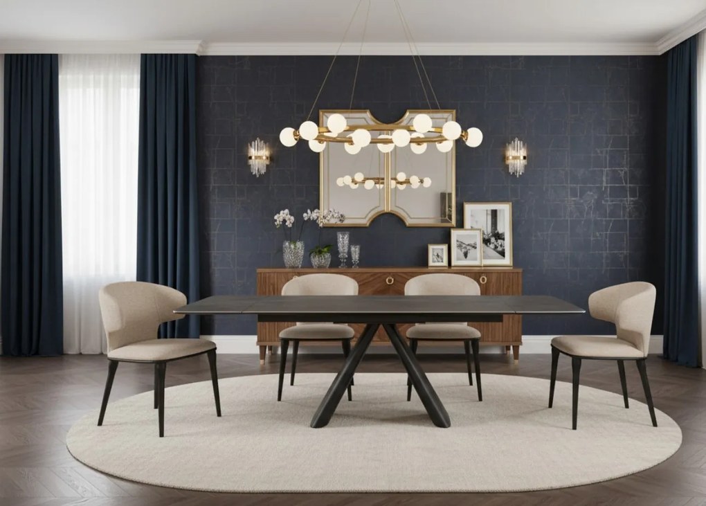 Elegancki stół z szarym ceramicznym blatem na hartowanym szkle. Metalowa podstawa z czarnej stali nadaje mu nowoczesny charakter i wyjątkową trwałość.