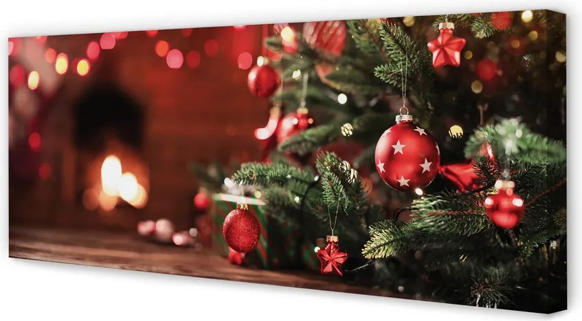 Obraz na płótnie Choinka, Bombki, Lampki i Prezenty