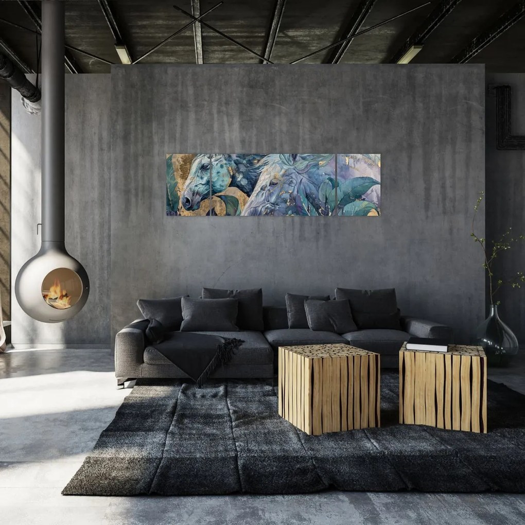 Obraz - Konie na złotym tle (170x50 cm)