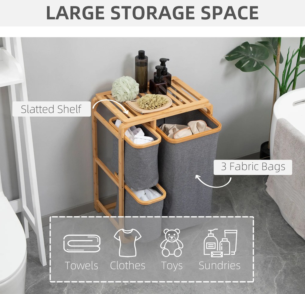 HOMCOM Kosz na Pranie z Bambusa 3 Wyjmowane Kosze Naturalny Szary 50x32x697cm | Aosom PL
