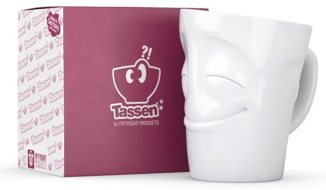 Biały zadowolony porcelanowy kubek z uchem 58products, 350 ml