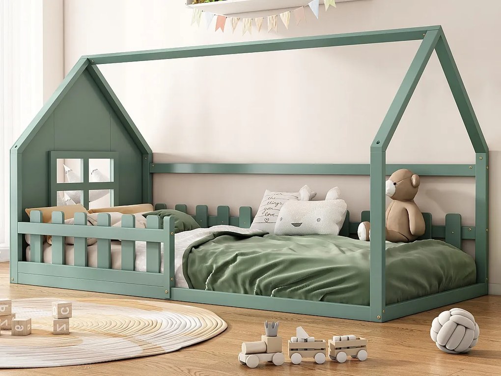 Łóżko kabinowe 90 x 200 cm, łóżko dziecięce z oknem, Drewno sosnowe, Stelaż listwowy, Zielony