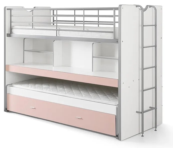 Biało-różowe piętrowe łóżko dziecięce z wysuwanym łóżkiem, schowkiem i stelażem 90x200 cm Bonny – Vipack