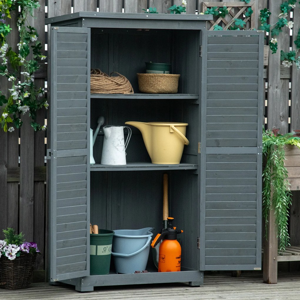 Outsunny Drewniana Szafa Ogrodowa z Dachem Skośnym i Drzwiami Filcowymi Szara 87x465x160cm | Aosom PL