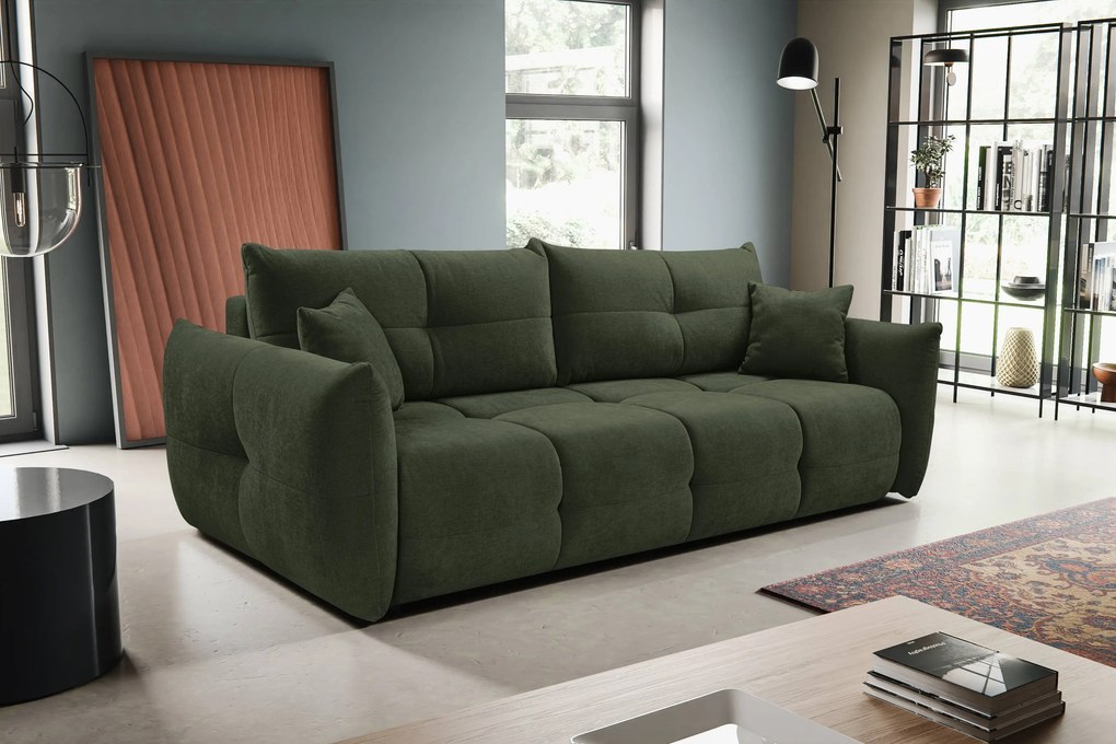 Masseno Sofa MODA z funkcją spania i pojemnikiem na pościel, Rozkładana sofa - Zielony, WIND 75