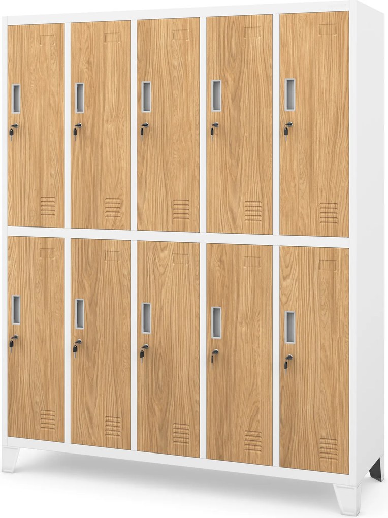 Szafa socjalna ubraniowa 10-drzwiowa biała/złoty dąb, 1360x1720x450 mm: BARTEK Eco Design