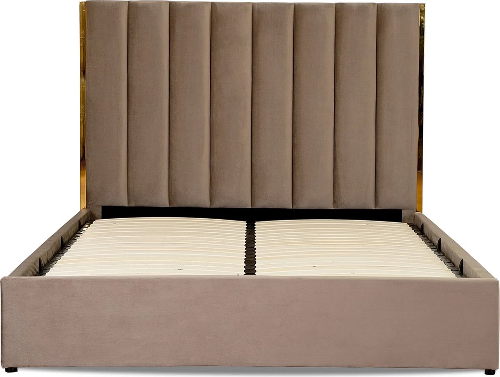 Łóżko Tapicerowane 160x200 cm EMILIO ze Stelażem i Pojemnikiem Dwuosobowe Beżowe Welurowe