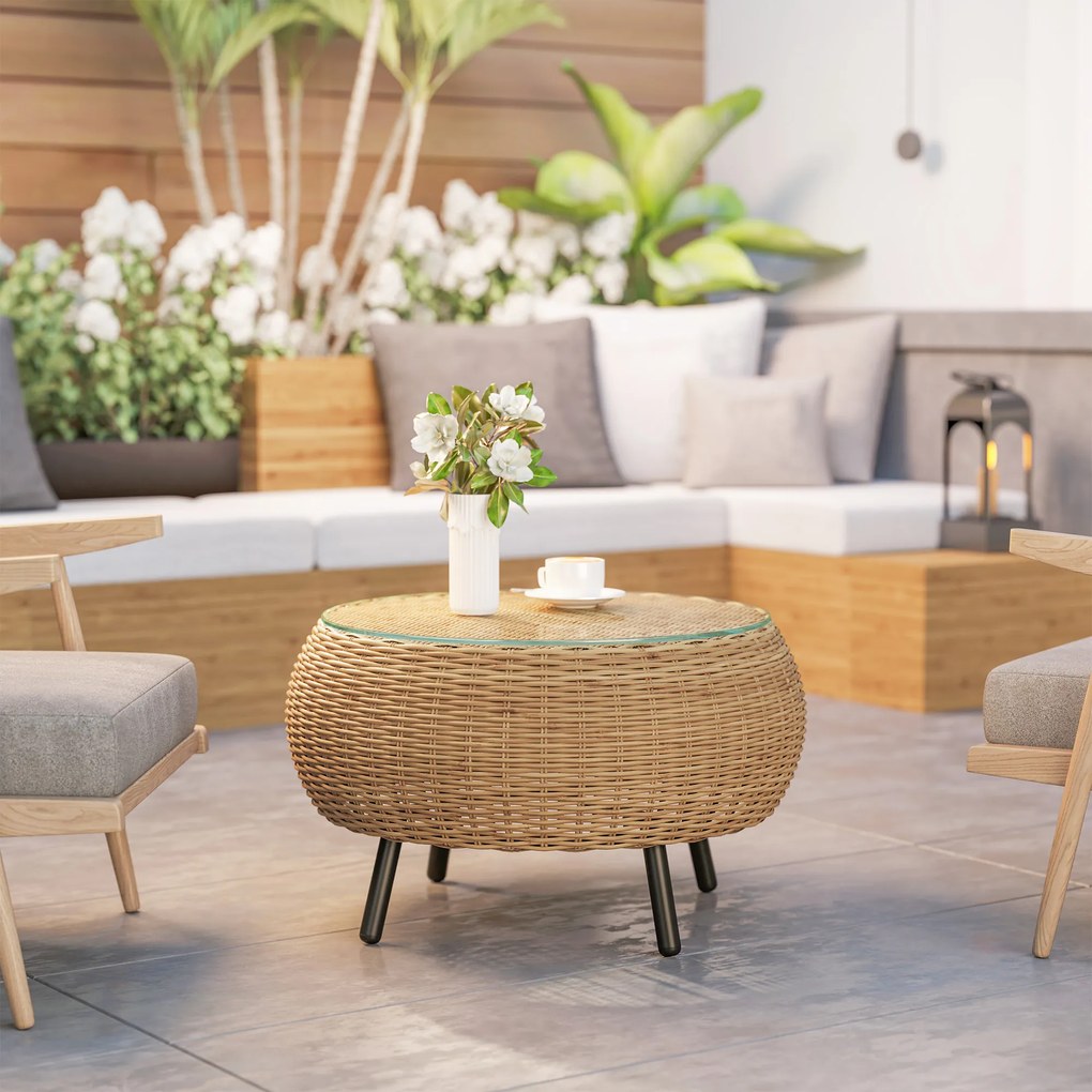 Outsunny Stolik pomocniczy z Polyrattanu okrągły stolik kawowy z blatem szklanym Ø75 x 42 cm Brązowy