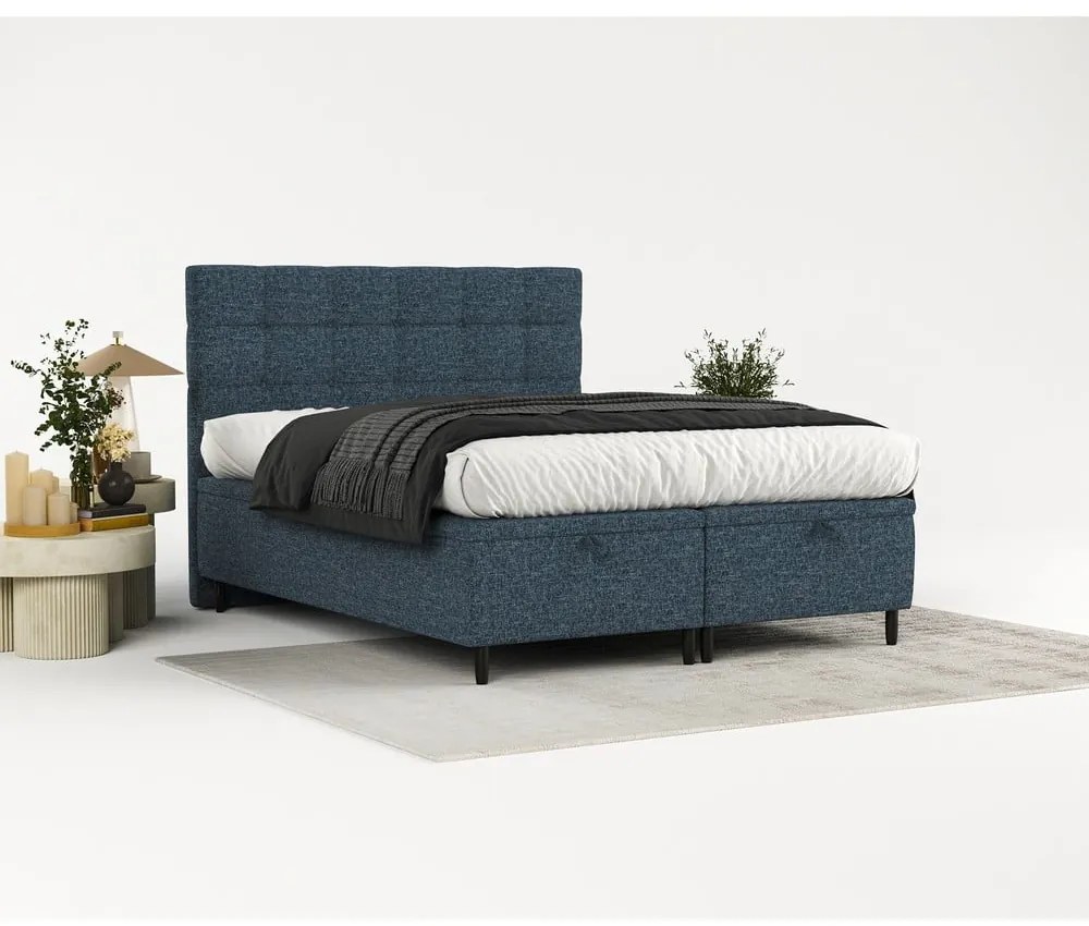 Ciemnoniebieskie tapicerowane łóżko dwuosobowe ze schowkiem 200x200 cm Senses – Maison de Rêve