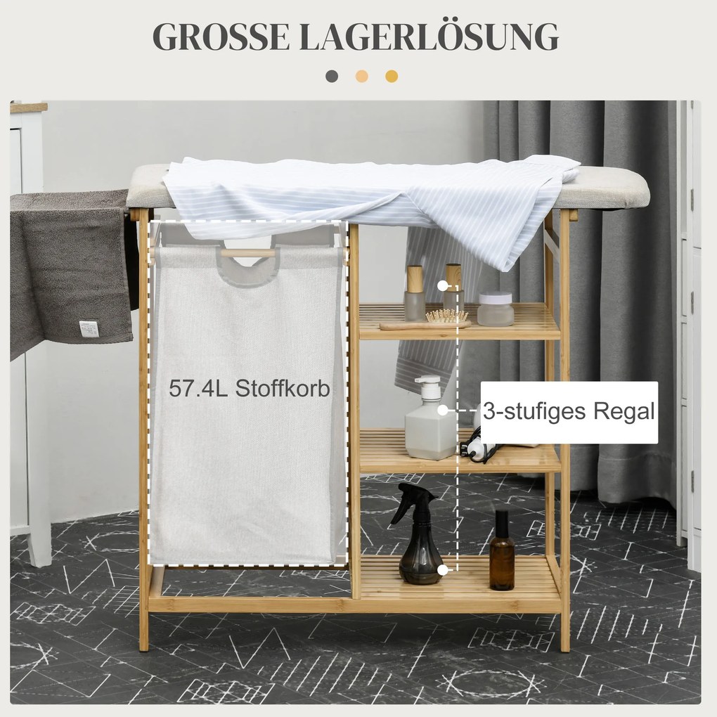 HOMCOM Segregator na pranie, multifunkcyjny, z deską do prasowania i workiem 57L, stelaż z bambusa, 113x34x82cm, naturalny/szary