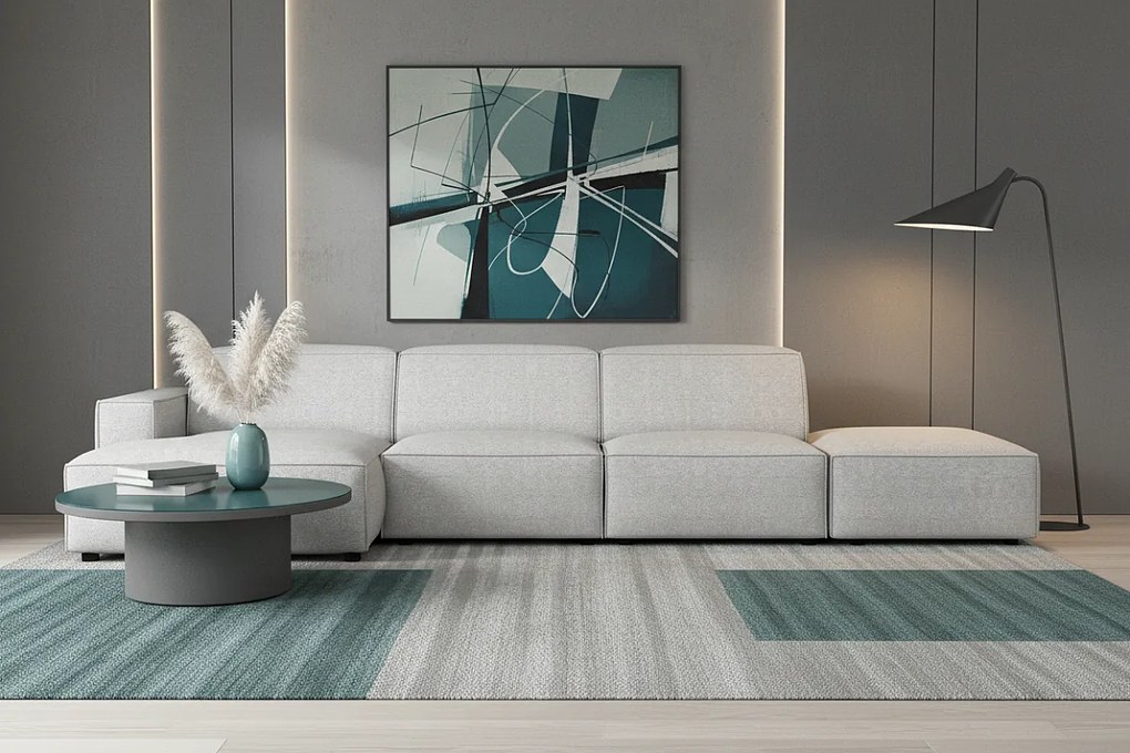 Narożnik modułowy Cursal C lewy z pufą – sofa narożna 341 x 166 x 70 cm, jasno szary Raven 6, nowoczesny design
