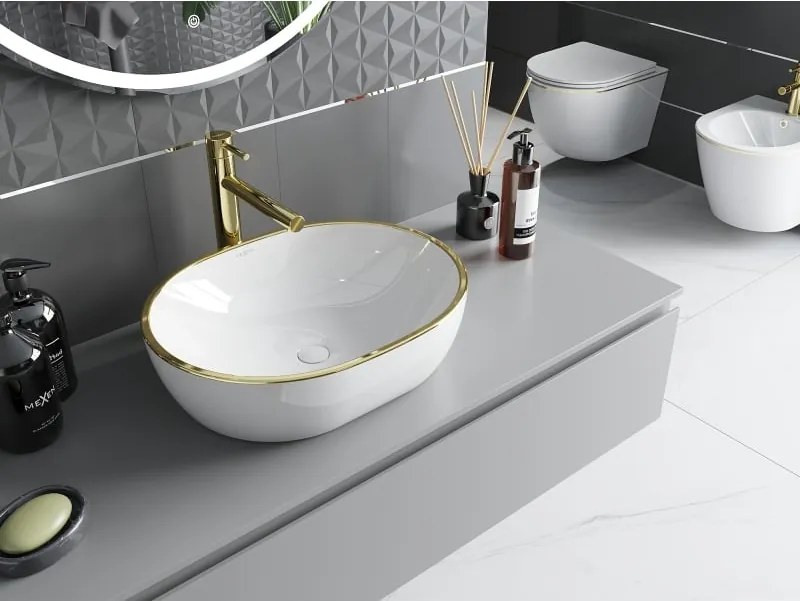 Mexen Viki umywalka nablatowa 48 x 35 cm, biała/złota rant - 21054805