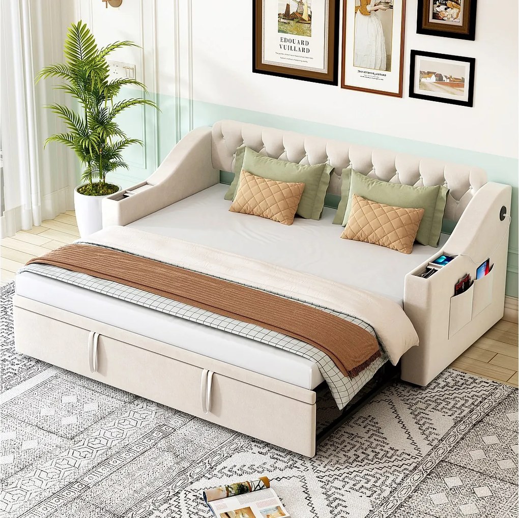 Łóżko wysuwane 90/180x190 cm - Łóżko dla dorosłych z ładowaniem USB i schowkiem - schowek zintegrowany z podłokietnikami - beżowy aksamit
