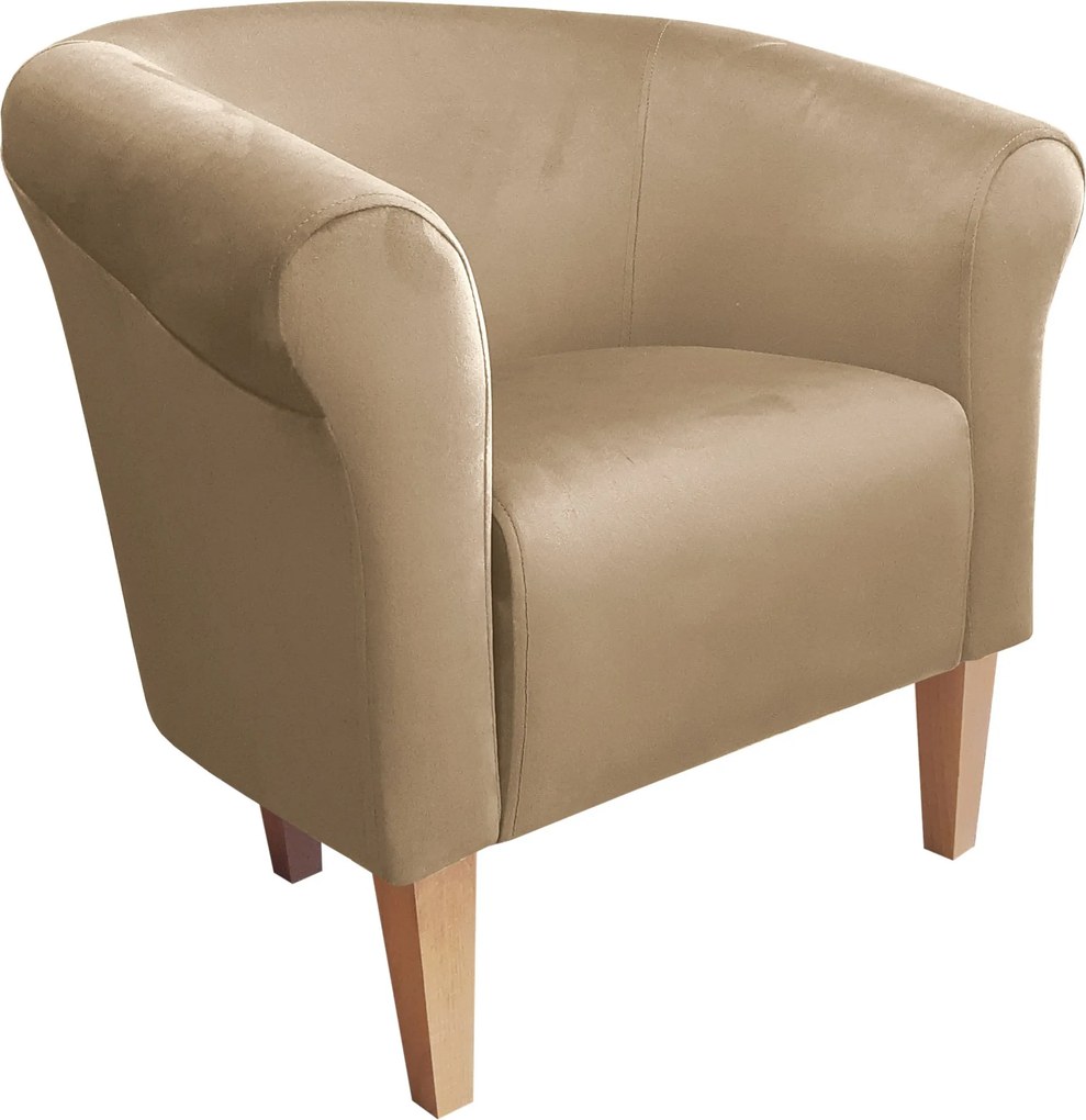 Fotel Milo tkanina Welur wygodny fotel tapicerowany do salonu i sypialni : Kolor nogi - Drewno, Kolor tkaniny - VELVET - MG06, Wysokość nogi - 20 cm