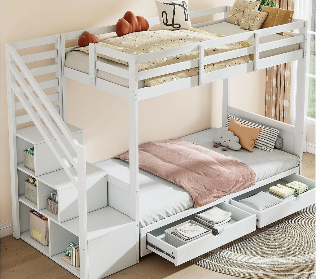 Łóżko piętrowe 90x200 cm - ze schodami ze schowkiem i barierką - z 2 szufladami - Białe (bez materaca)