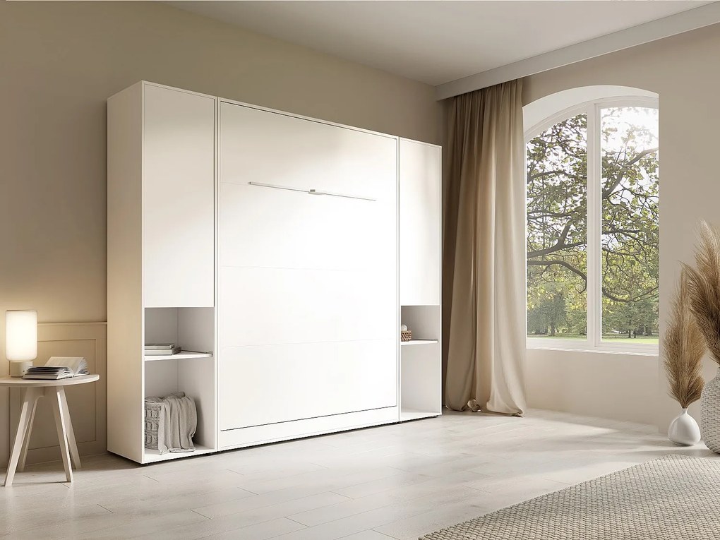 Łóżko chowane w szafie pionowe 160 x 200 cm - 2 kolumny do przechowywania - Z oświetleniem LED - Białe + Materac - RAPILI