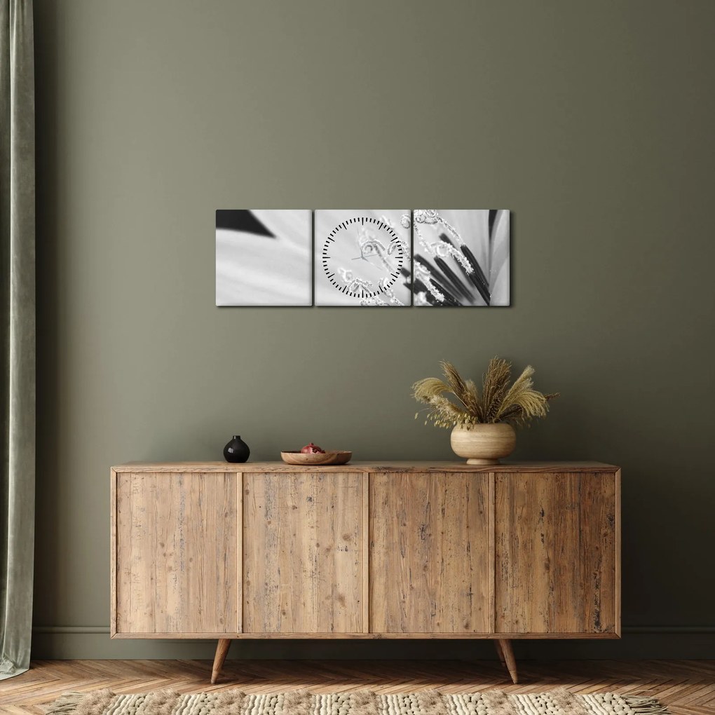 Obraz - Czarno-biały kwiat (z zegarem) (90x30 cm)