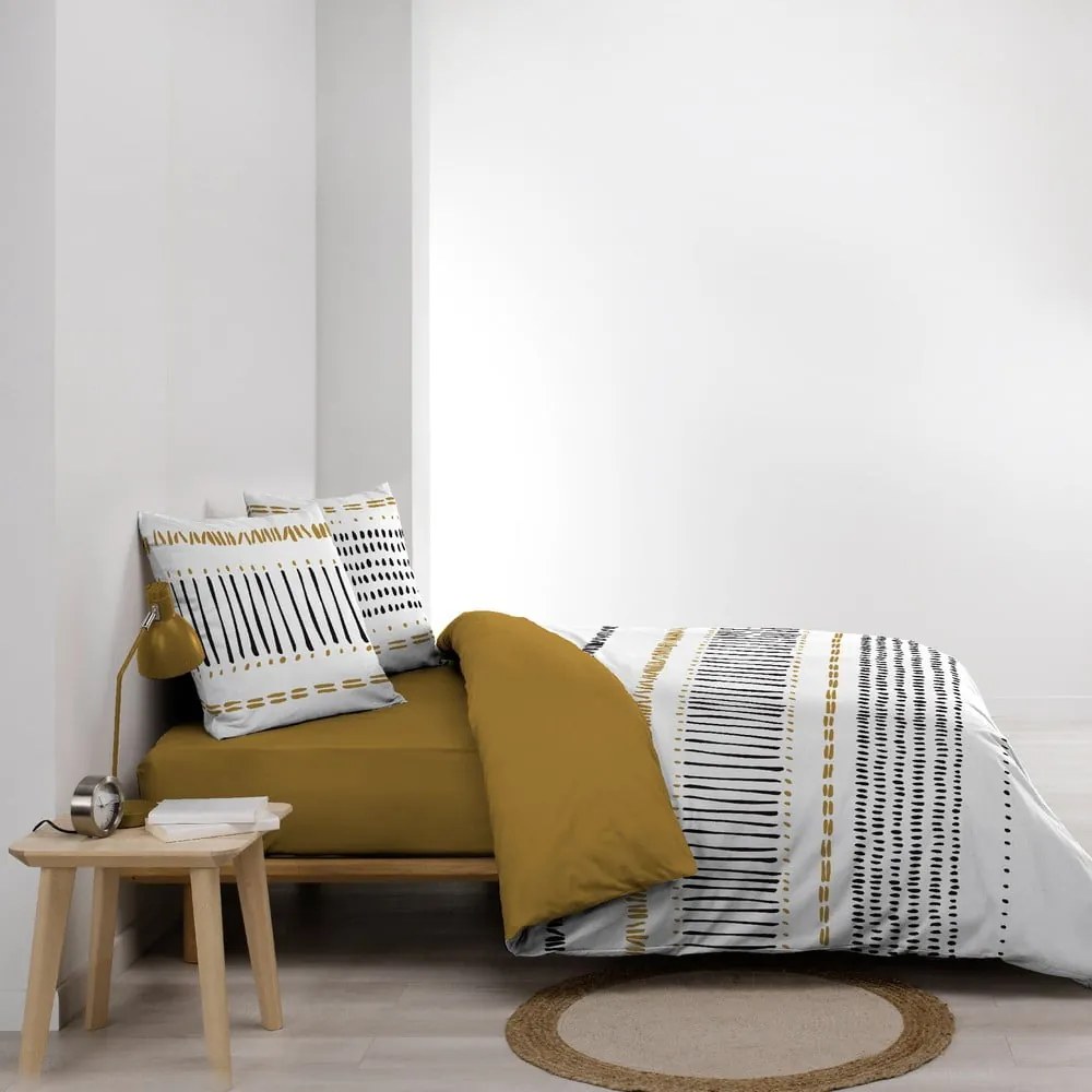 Musztardowo-biała bawełniana pościel dwuosobowa 240x220 cm Chicago – douceur d'intérieur