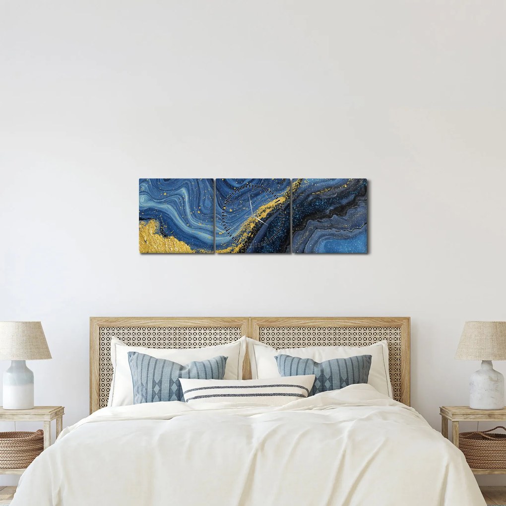 Obraz - Niebiesko-złota abstrakcja (z zegarem) (90x30 cm)