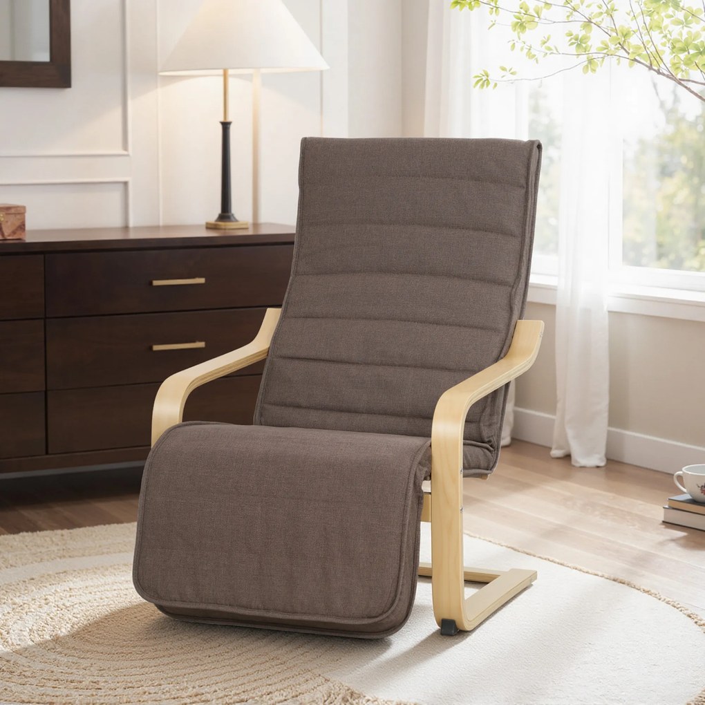 HOMCOM Fotel akcentowy, fotel relaksacyjny z regulowanym podnóżkiem, rama z drewna brzozowego, do 120 kg, 66,5 x 94 x 100 cm, brązowy | Aosom PL